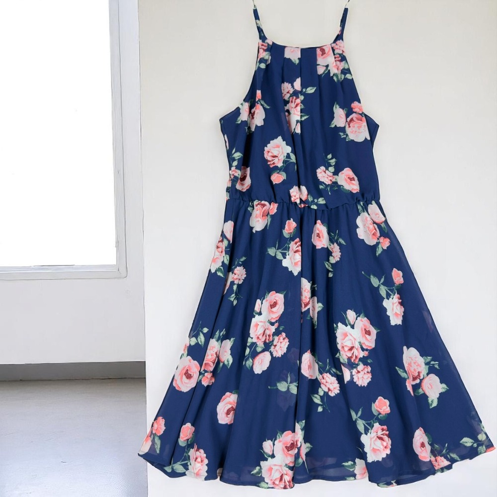 BLUE RAIN Juniors Sleeveless Blue Floral Print Lined Halter Dress NWOT - Size S
